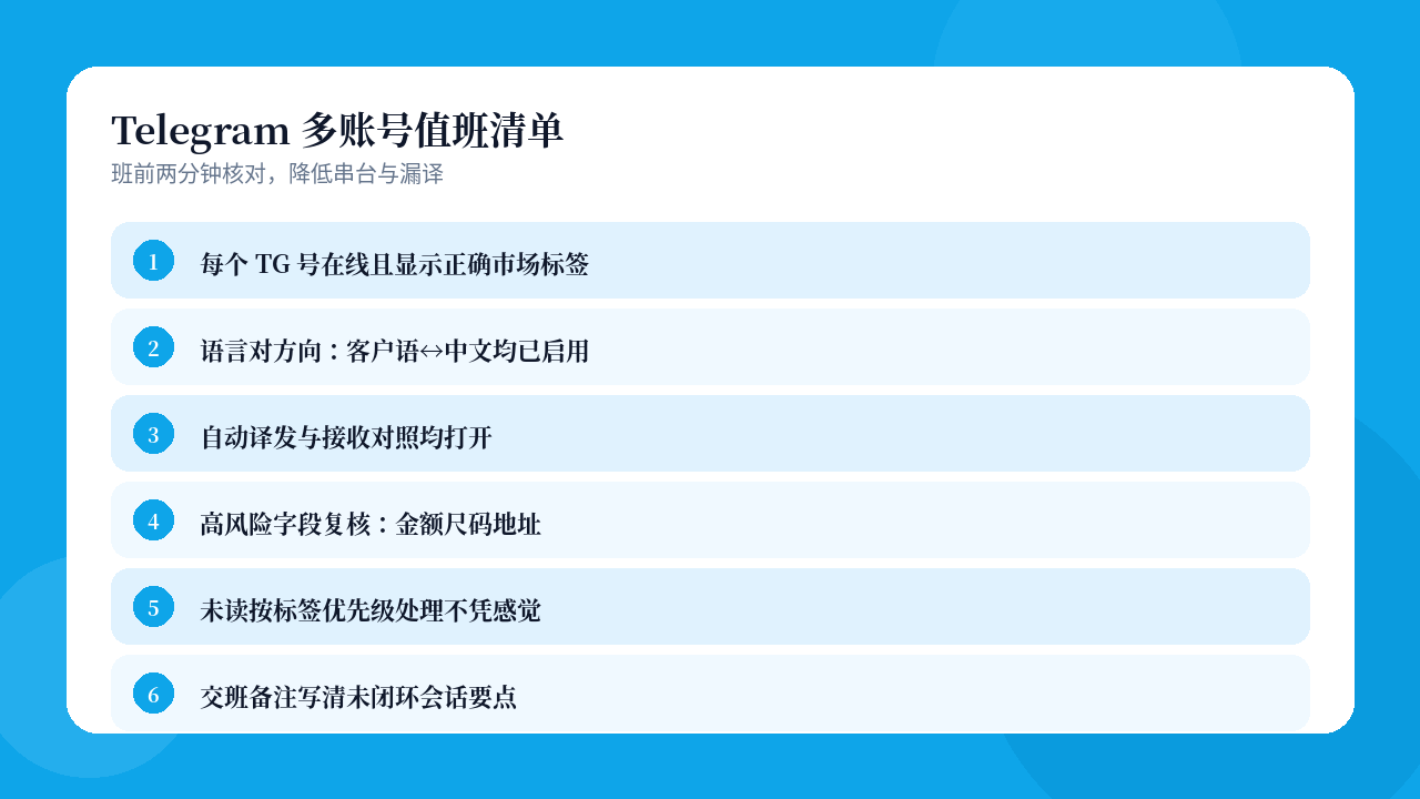 易翻译Telegram多账号值班清单示意